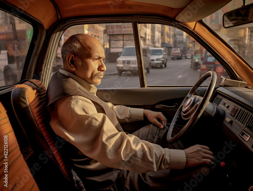 Mature adult man driving a taxi through the streets of Cabul, Afghanistan photo