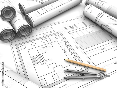 3d illustration of blueprints and drawing instruments