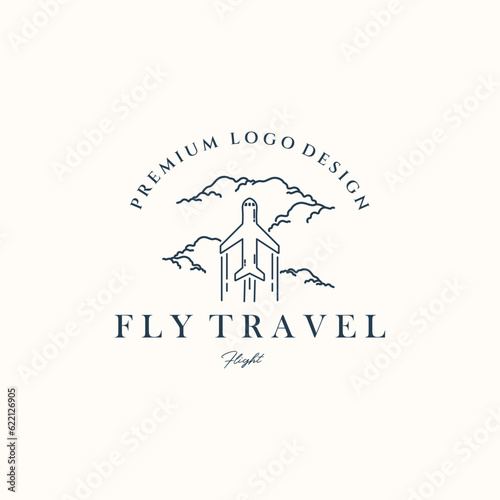 airplane travel in the sky line art logo vector minimalist illustration design, airplane flying high logo design