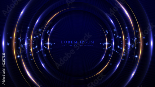 Abstract glowing blue light with golden circle and glitter light effects decoration on dark blue background. Vector illustration