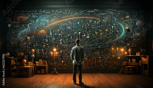 An photo showcasing a person standing in front of a chalkboard covered in complex formulas and calculations. Based on Generative Ai.