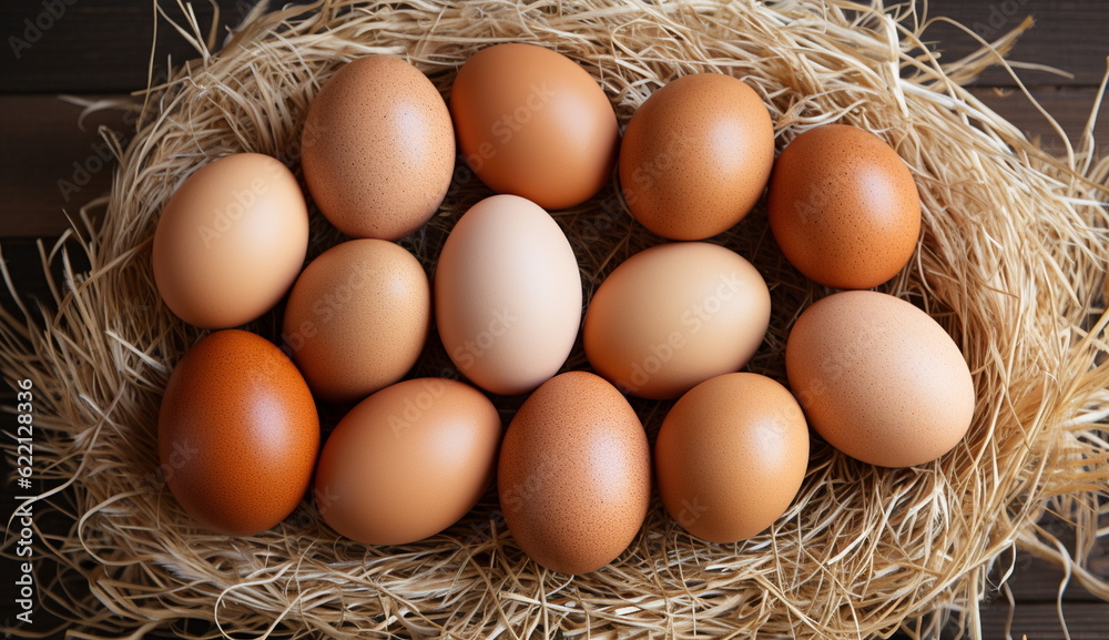 A close-up shot of a collection of fresh, organic chicken eggs neatly arranged in a traditional chicken coop. Based on Generative Ai. A close-up shot of a collection of fresh, organic chicken eggs neatly arranged in a traditional chicken coop. Based on Generative Ai.