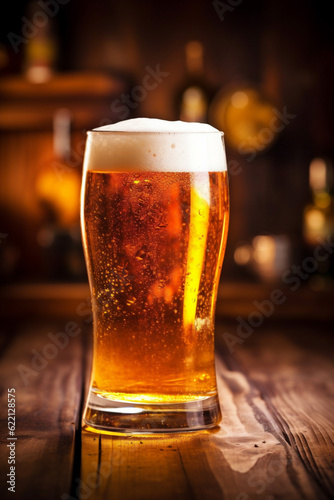 glass alcohol drink pub beer beverage pint gold foam lager. Generative AI.