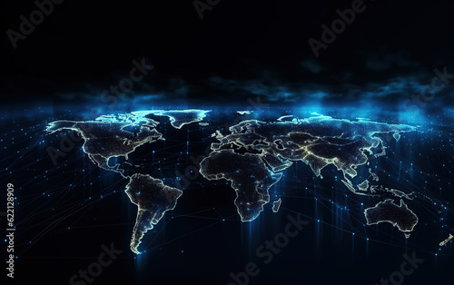 Glowing World map background,created with generative ai tecnology.