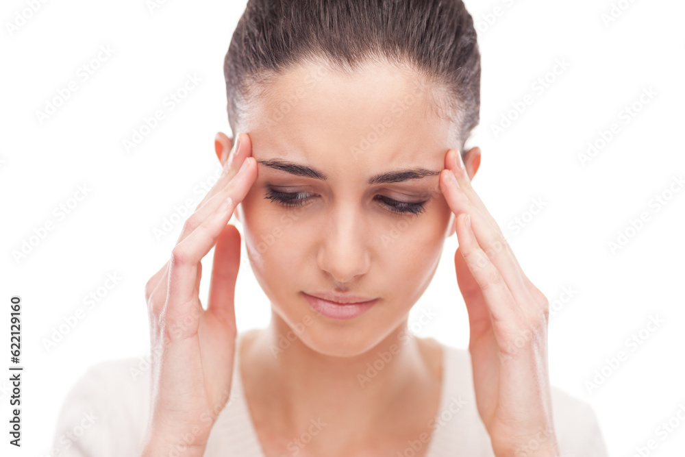 Beautiful young woman with headache touching her temples Beautiful young woman with headache touching her temples