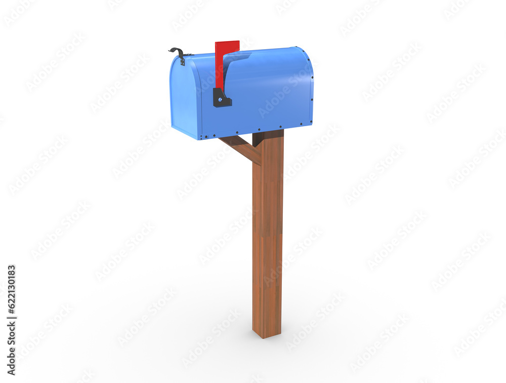A 3D rendering of a blue and empty US Mailbox, closed with clean casing and red flag up. A 3D rendering of a blue and empty US Mailbox, closed with clean casing and red flag up.