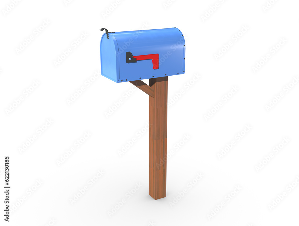 A 3D rendering of a blue and empty US Mailbox, closed with clean casing and red flag down. A 3D rendering of a blue and empty US Mailbox, closed with clean casing and red flag down.