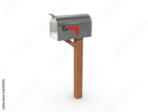 A 3D rendering of a chrome and empty US Mailbox, closed with clean casing and red flag down.