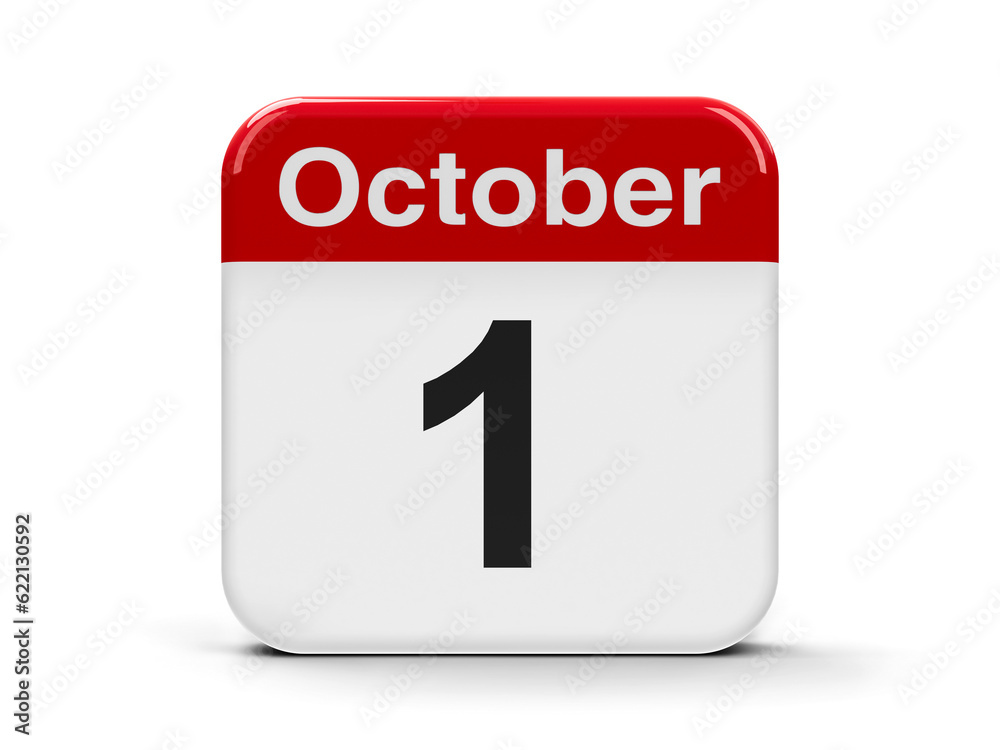 Calendar web button - The First of October - International Day of Older Persons, International Music Day, World Vegetarian Day, Independence Day in Cyprus and Nigeria, National Day in China, three-dim