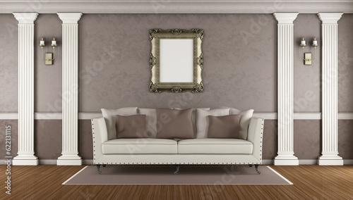 Brown classic living room with elegant sofa ,white pilaster and golden frame - 3d rendering photo