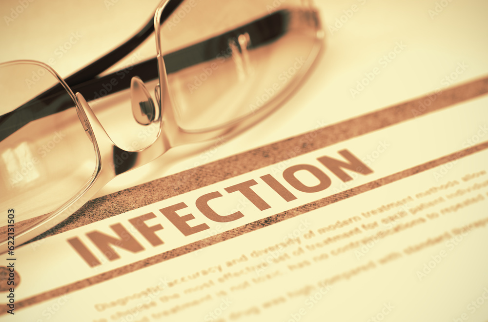 Infection - Printed Diagnosis with Blurred Text on Red Background with Eyeglasses. Medical Concept. 3D Rendering. Infection - Printed Diagnosis with Blurred Text on Red Background with Eyeglasses. Medical Concept. 3D Rendering.