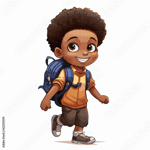 simple cartoon clipart black african american boy student child going to school white background