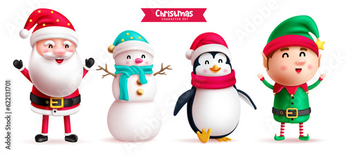 Christmas characters vector set design. Christmas santa claus, snowman, penguin and elf cartoon character isolated in white background. Vector illustration cartoon character collection.