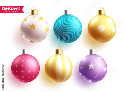 Christmas balls elements vector set design. Christmas season ball elements with elegant pattern in sphere shape for decoration. Vector illustration seasonal xmas balls collection.