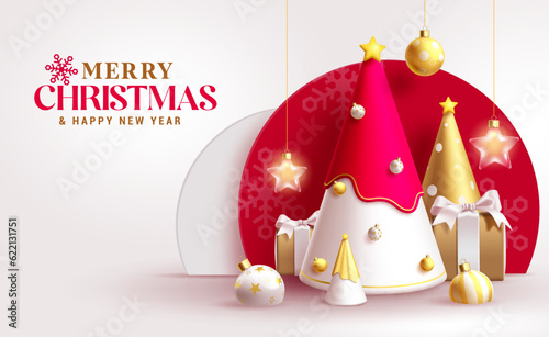 Merry christmas text vector design. Christmas tree in gold elegant color with gifts and hanging xmas lights and balls decoration. Vector illustration holiday season greeting card.  