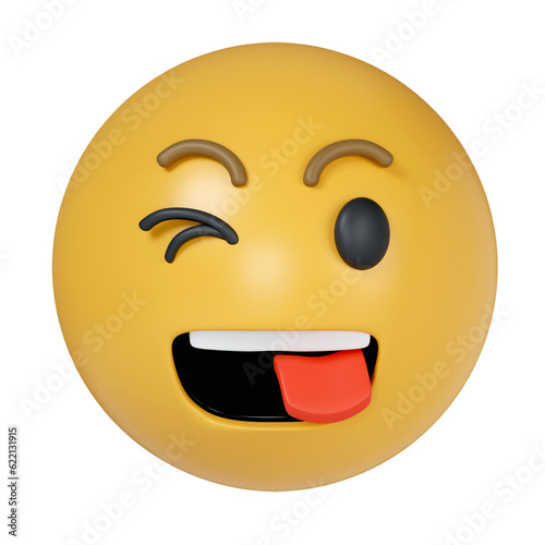 3d Winking Face with Tongue. yellow emoji sticking out her tongue and winking. Wackiness, buffoonery. icon isolated on gray background. 3d rendering illustration. Clipping path. photo