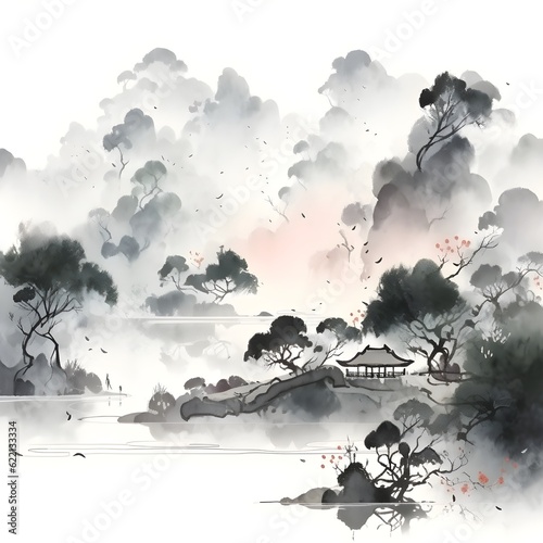Traditional Chinese Ink painting of a long and a bit high hill covered by fog, lake and trees at its foot, morning sunshine on the top of it