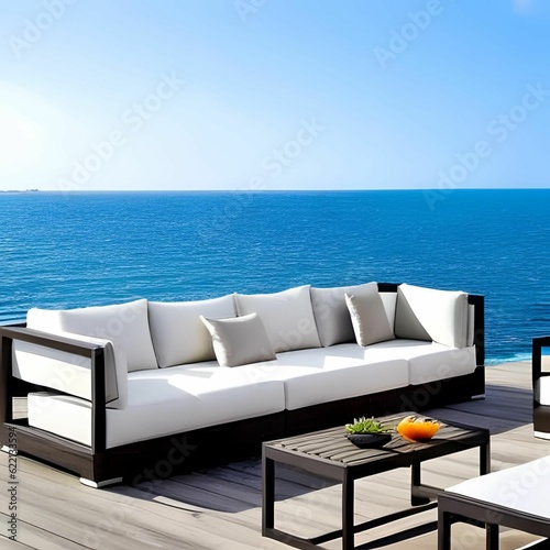 sofa set in the outdoor with sea background