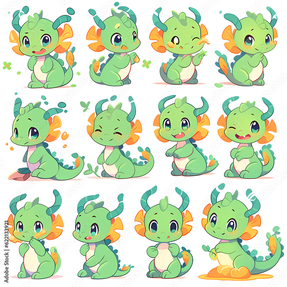 Fototapeta premium Clip art, character design sheet, Set of A cute dragon isolated on transparent background