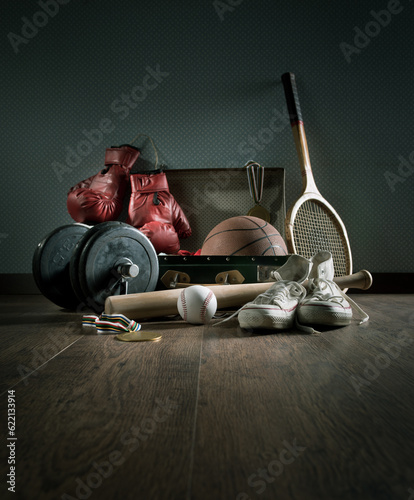 Cuadro en lienzo Teenager sport equipment in a vintage suitcase including sports footwear, boxing gloves, weights and baseball bat