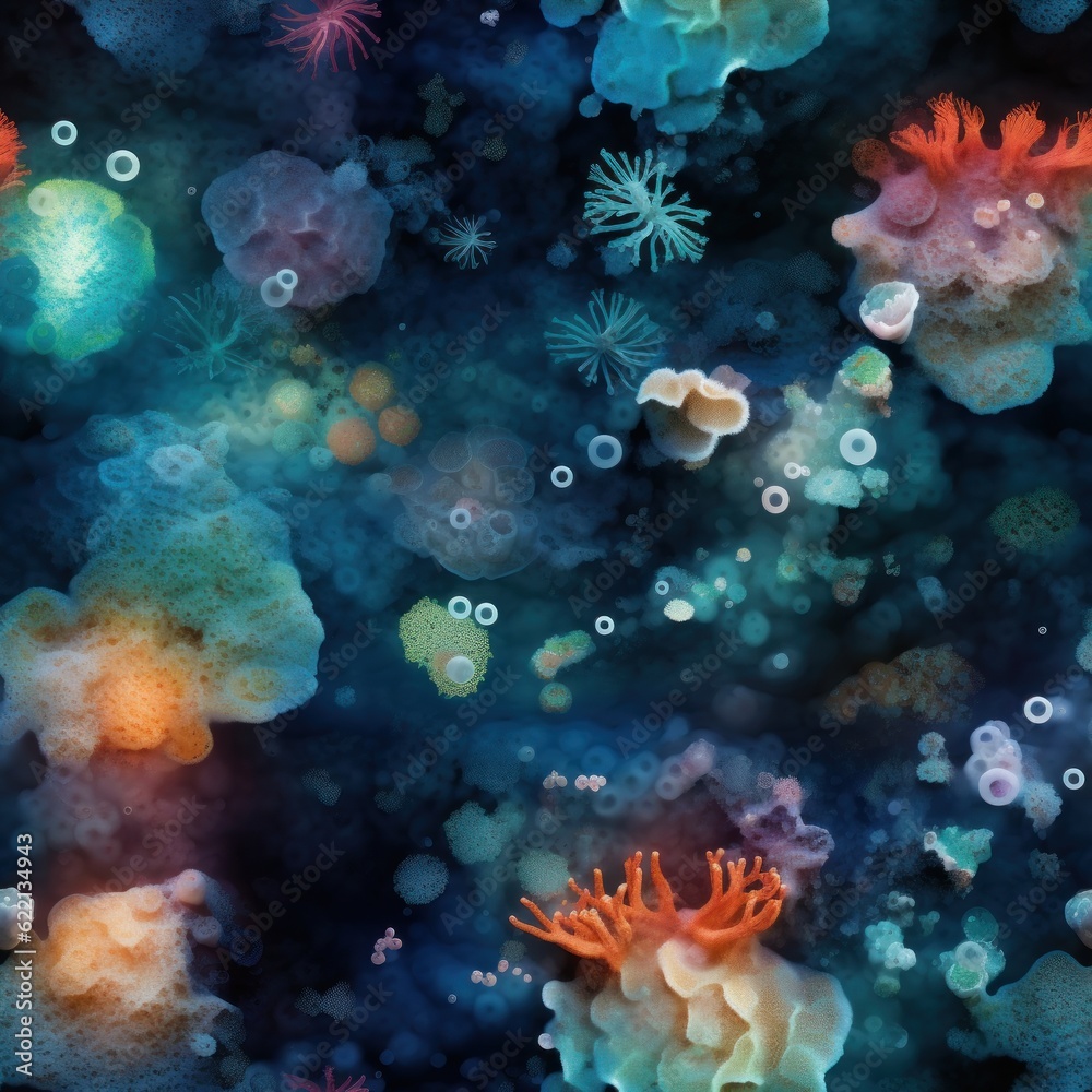 Seamless pattern texture Underwater world with fluorescent corals. AI Generation 