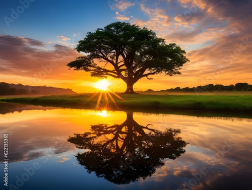 Reflexionen der Natur: Ein Baum spiegelt sich im ruhigen Gewässer Fototapet