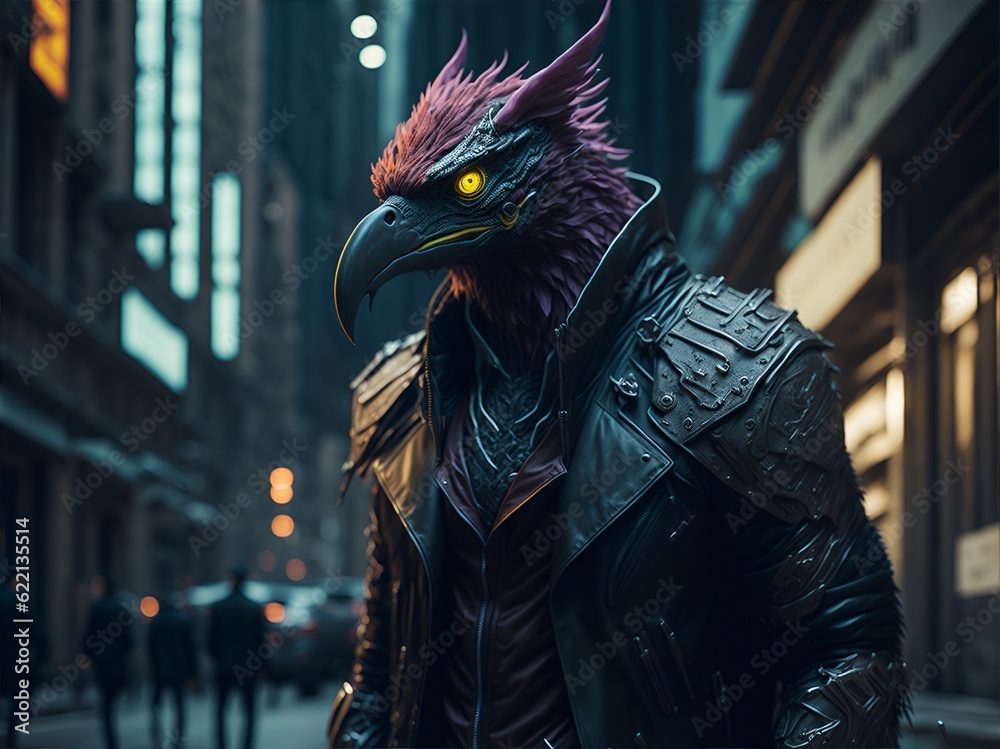 The anthropomorphic griffin in a cyberpunk jacket. The creature in human clothes, wallpaper ...