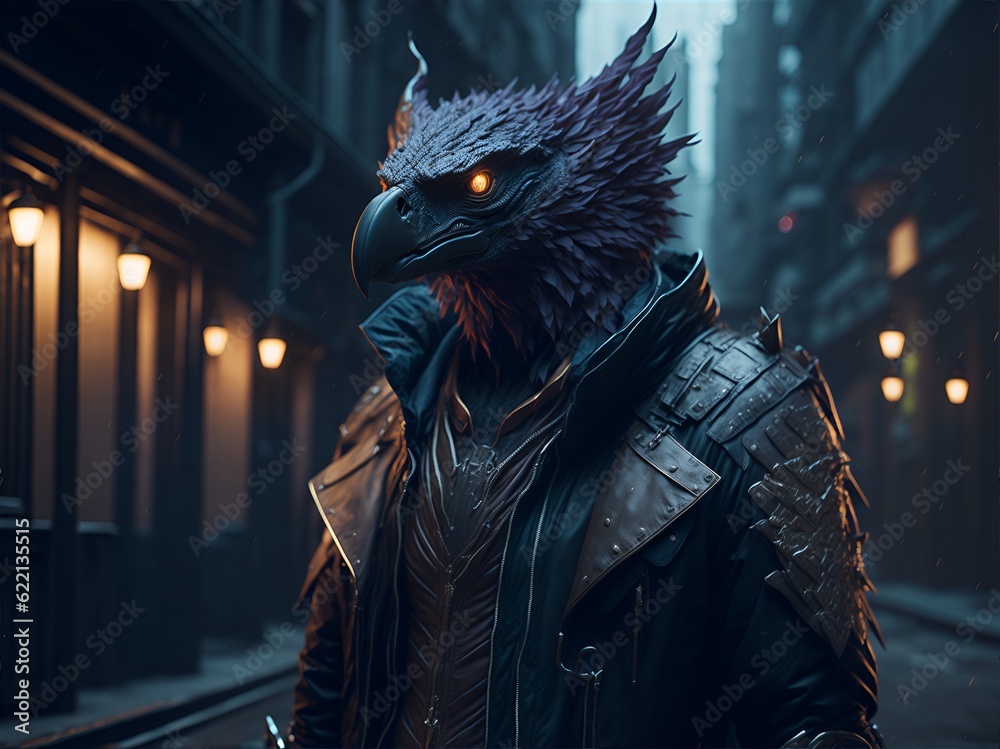 The anthropomorphic griffin in a cyberpunk jacket. The creature in human clothes, wallpaper ...