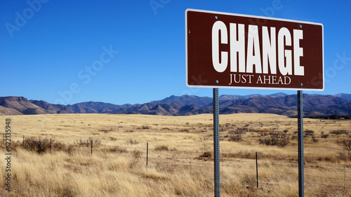 Change Just Ahead brown road sign with blue sky and wilderness