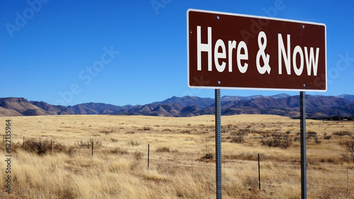 Here and Now road sign with blue sky and wilderness