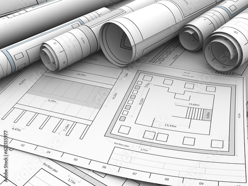 abstract 3d illustration of blueprints heap background