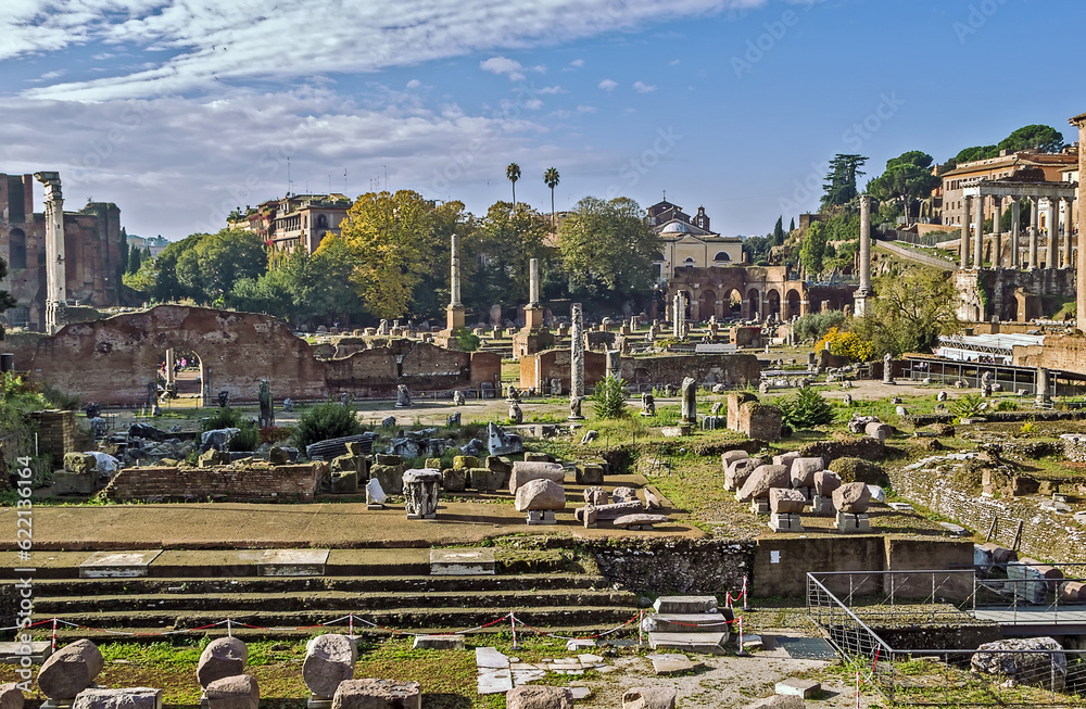 The Roman Forum is a rectangular forum (plaza) surrounded by the ruins of several important ancient government buildings at the center of the city of Rome.