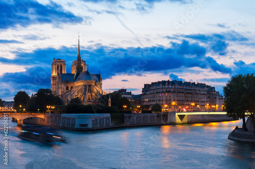 Notre Dame cathedral church and Cite island at sunset, Paris, France, toned