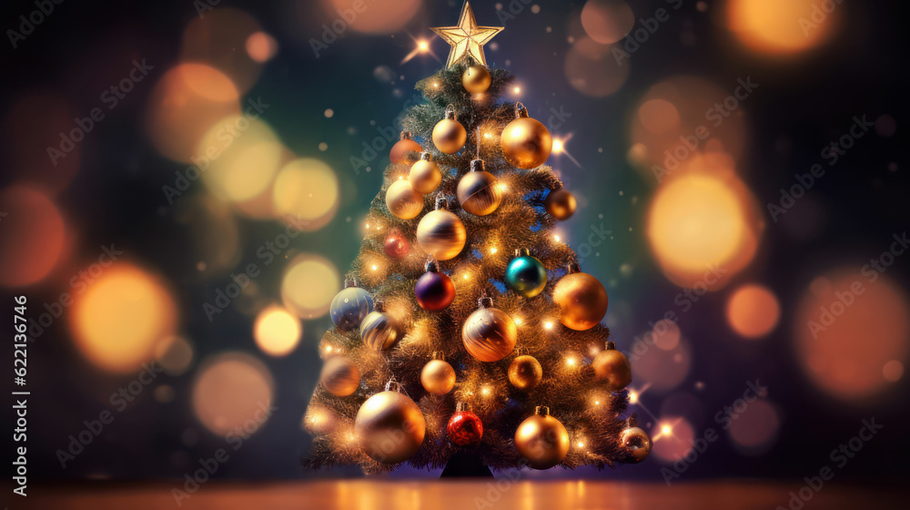 Christmas tree with baubles and blurred shiny lights. Christmas tree with baubles and blurred shiny lights.