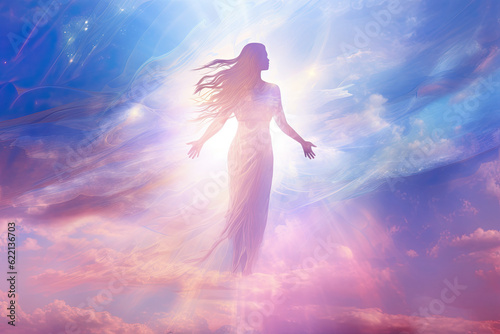 Silhouette of a woman in a dress in the heaven sky.  Spiritual or religious concept. Astral body concept. Generative AI. 