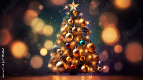 Christmas tree with baubles and blurred shiny lights.