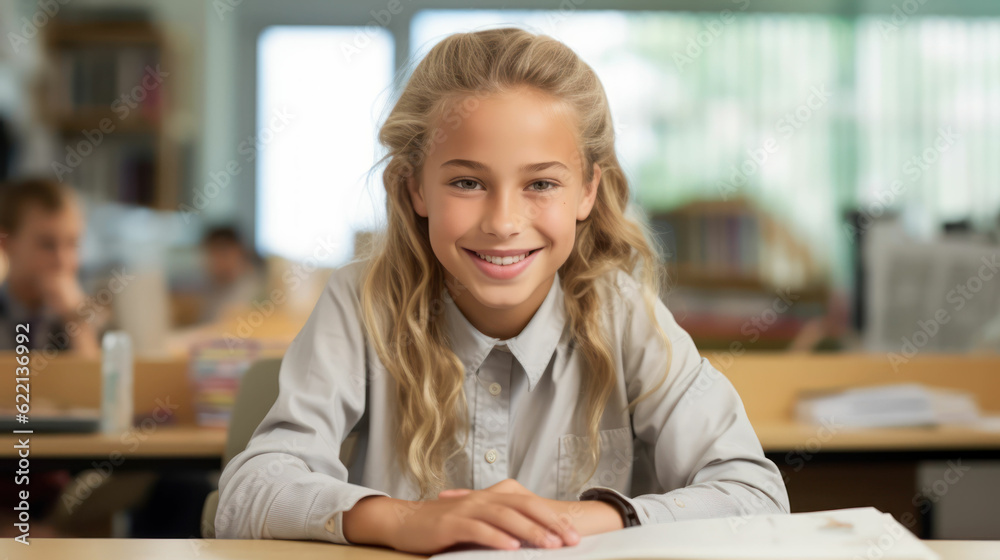 Fototapeta premium Portrait of a girl with blond hair at school. 