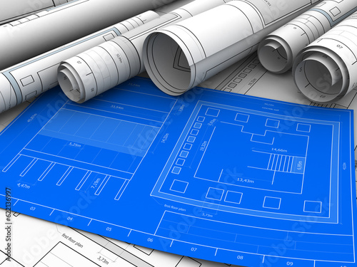 abstract 3d illustration of blueprints of building