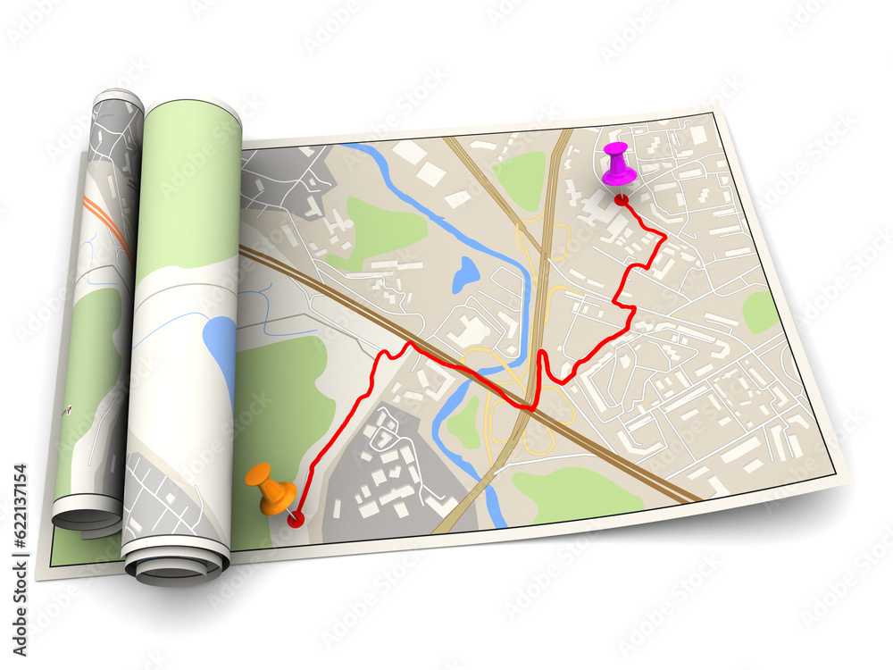 3d illustration of map with route 3d illustration of map with route