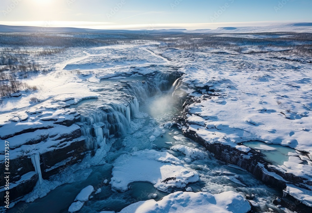 Over Frozen Landscape and waterfall