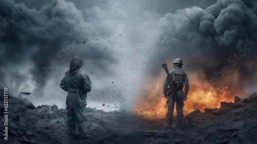 War concept.  A person looks at the destruction after the explosion © tashechka