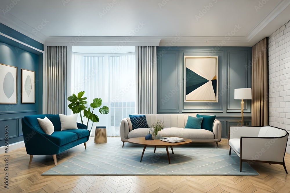 Modern design living room interior in Scandinavian style. 3D rendering.