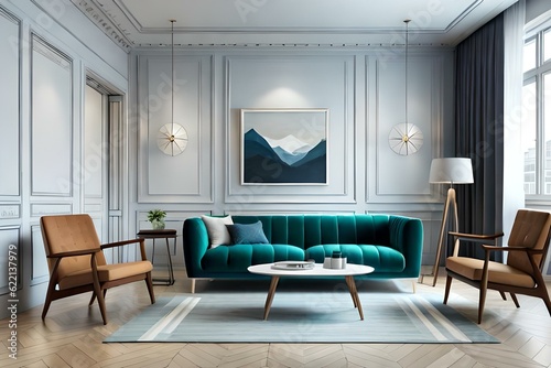 Modern design living room interior in Scandinavian style. 3D rendering.