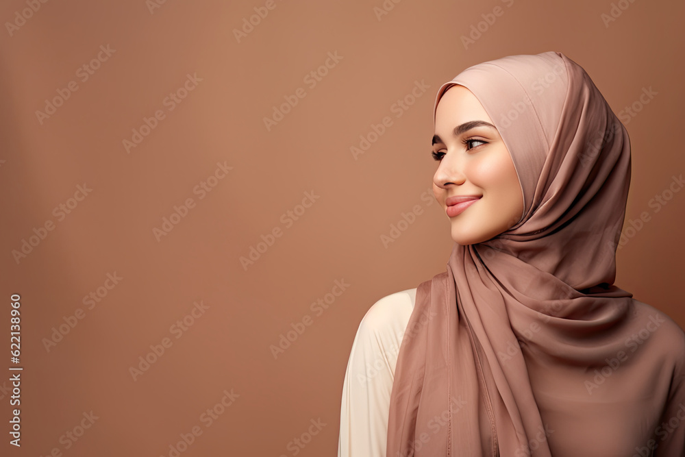 Malay Muslim woman wearing hijab smiling with copy space Malay Muslim woman wearing hijab smiling with copy space