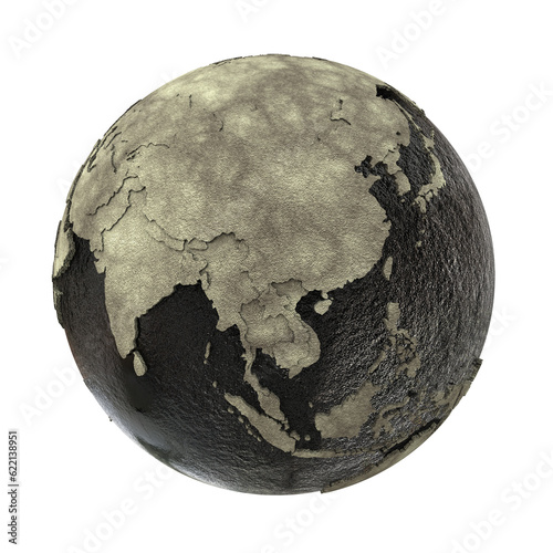 Southeast Asia on 3D model of planet Earth with black oily oceans and concrete continents with embossed countries. Concept of petroleum industry. 3D illustration isolated on white background.
