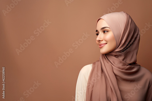 Malay Muslim woman wearing hijab smiling with copy space