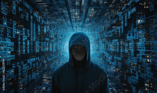 hacker sillhuette in front of a data code background photo