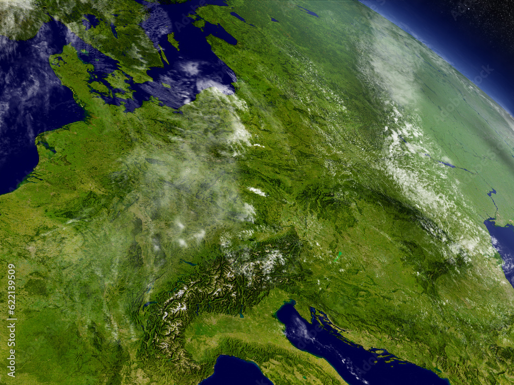 Central Europe with surrounding region as seen from Earth's orbit in space. 3D illustration with highly detailed planet surface and clouds in the atmosphere. Elements of this image furnished by NASA. - obrazy, fototapety, plakaty 