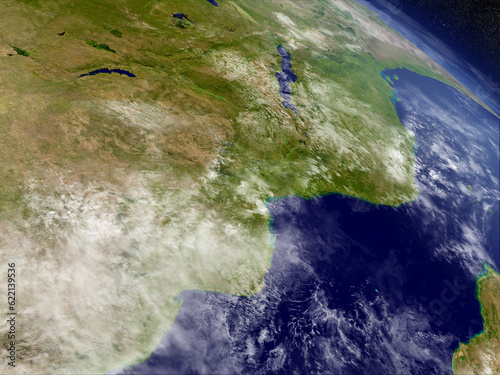 Fototapeta Naklejka Na Ścianę i Meble -  Mozambique and Zimbabwe with surrounding region as seen from Earth's orbit in space. 3D illustration with detailed planet surface and clouds. Elements of this image furnished by NASA.