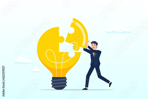 Smart businessman solving light bulb idea puzzle by connecting last jigsaw piece, problem solver, get solution to overcome difficulty, idea, creativity or innovation to fix problem or trouble (Vector)